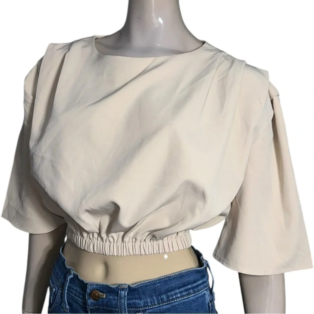 Rivir Women’s Size M Tan Nude Dolman Sleeve Elastic Cropped Shirt Blouse